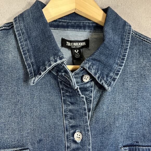 True Religion Shirt Womens Large Georgia Denim Glitter Cosy Fireside Wash NEW - Picture 4 of 12